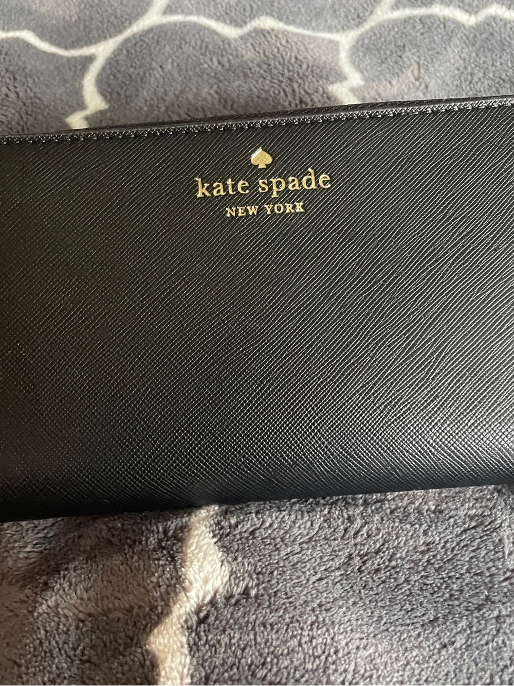 kate spade Black Saffiano Leather Zip Wallet with Gold Logo